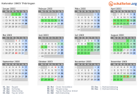 Kalender 2003 mit Ferien und Feiertagen Thüringen