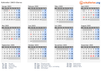 Kalender 2003 mit Ferien und Feiertagen Glarus