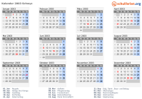 Kalender 2003 mit Ferien und Feiertagen Schwyz