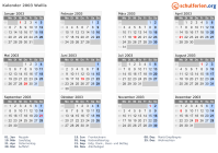 Kalender 2003 mit Ferien und Feiertagen Wallis