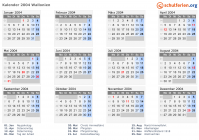 Kalender 2004 mit Ferien und Feiertagen Wallonien