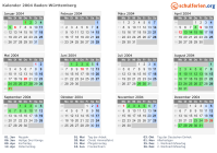 Kalender 2004 mit Ferien und Feiertagen Baden-Württemberg