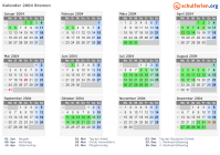 Kalender 2004 mit Ferien und Feiertagen Bremen