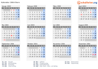 Kalender 2004 mit Ferien und Feiertagen Bern