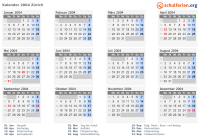 Kalender 2004 mit Ferien und Feiertagen Zürich