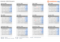 Kalender 2006 mit Ferien und Feiertagen Mongolei