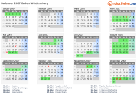Kalender 2007 mit Ferien und Feiertagen Baden-Württemberg