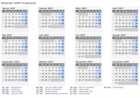 Kalender 2007 mit Ferien und Feiertagen Frankreich