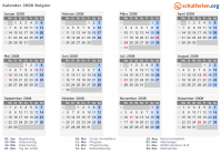 Kalender 2008 mit Ferien und Feiertagen Belgien