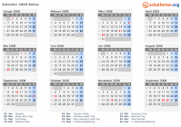 Kalender 2008 mit Ferien und Feiertagen Belize