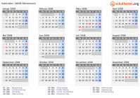 Kalender 2008 mit Ferien und Feiertagen Dänemark