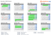 Kalender 2008 mit Ferien und Feiertagen Hessen