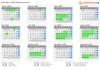 Kalender 2008 mit Ferien und Feiertagen Niedersachsen