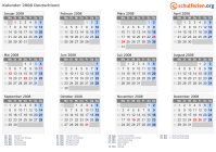 Kalender 2008 mit Ferien und Feiertagen Deutschland