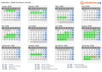 Kalender 2008 mit Ferien und Feiertagen Sachsen-Anhalt
