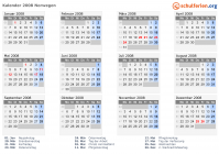 Kalender 2008 mit Ferien und Feiertagen Norwegen