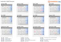 Kalender 2008 mit Ferien und Feiertagen Panama