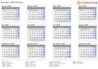Kalender 2008 mit Ferien und Feiertagen Schweiz