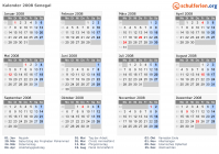 Kalender 2008 mit Ferien und Feiertagen Senegal