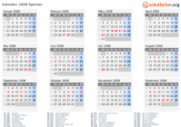 Kalender 2008 mit Ferien und Feiertagen Spanien