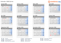 Kalender 2008 mit Ferien und Feiertagen Syrien