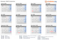 Kalender 2008 mit Ferien und Feiertagen Tschechien