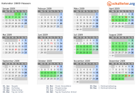 Kalender 2009 mit Ferien und Feiertagen Hessen