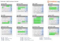 Kalender 2009 mit Ferien und Feiertagen Sachsen-Anhalt