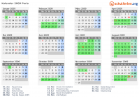 Kalender 2009 mit Ferien und Feiertagen Paris