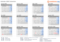 Kalender 2009 mit Ferien und Feiertagen Tschechien