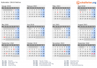 Kalender 2010 mit Ferien und Feiertagen Belize