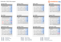 Kalender 2010 mit Ferien und Feiertagen Norwegen