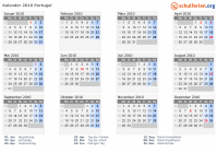 Kalender 2010 mit Ferien und Feiertagen Portugal