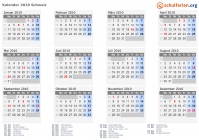 Kalender 2010 mit Ferien und Feiertagen Schweiz