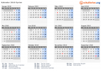 Kalender 2010 mit Ferien und Feiertagen Syrien