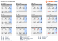 Kalender 2011 mit Ferien und Feiertagen Frankreich