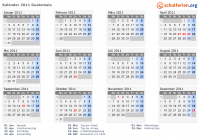 Kalender 2011 mit Ferien und Feiertagen Guatemala
