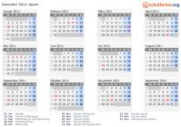 Kalender 2011 mit Ferien und Feiertagen Japan