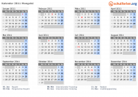 Kalender 2011 mit Ferien und Feiertagen Mongolei