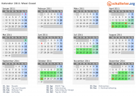 Kalender 2011 mit Ferien und Feiertagen West Coast
