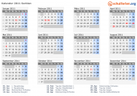Kalender 2011 mit Ferien und Feiertagen Serbien