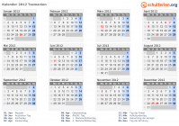 Kalender 2012 mit Ferien und Feiertagen Tasmanien