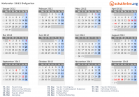 Kalender 2012 mit Ferien und Feiertagen Bulgarien