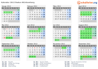 Kalender 2012 mit Ferien und Feiertagen Baden-Württemberg
