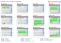 Kalender 2012 mit Ferien und Feiertagen Nordrhein-Westfalen