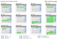 Kalender 2012 mit Ferien und Feiertagen Sachsen-Anhalt