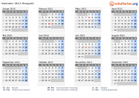 Kalender 2012 mit Ferien und Feiertagen Mongolei