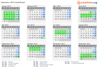 Kalender 2012 mit Ferien und Feiertagen Southland