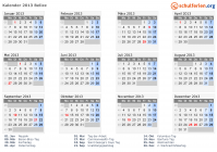 Kalender 2013 mit Ferien und Feiertagen Belize