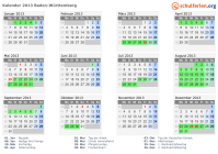 Kalender 2013 mit Ferien und Feiertagen Baden-Württemberg